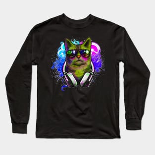 Cat DJ  Rave  DJ  S DJ EDM Rave Long Sleeve T-Shirt